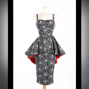 Deadly Dames Black and White Spiderweb Peplum dress Medium